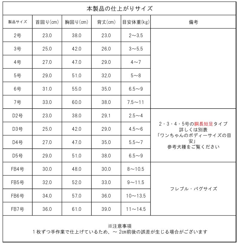  製品サイズ表　小型