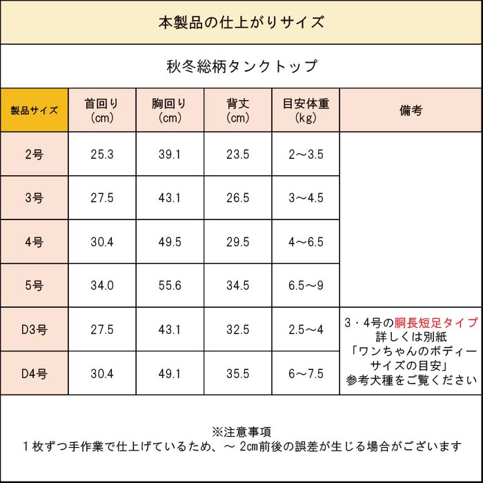 製品仕上がりサイズ表