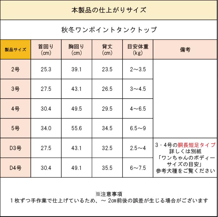 製品仕上がりサイズ表