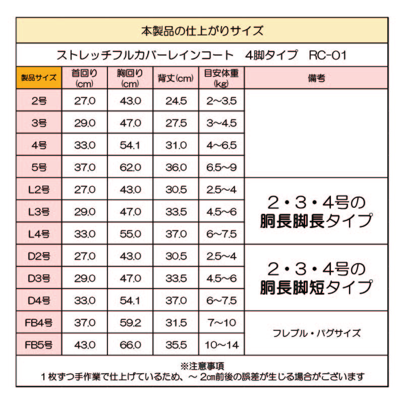 製品サイズ表