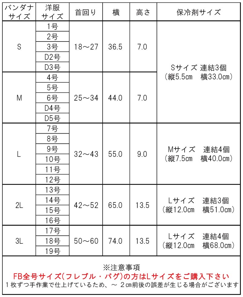 製品サイズ表　バンダナ全サイズ分