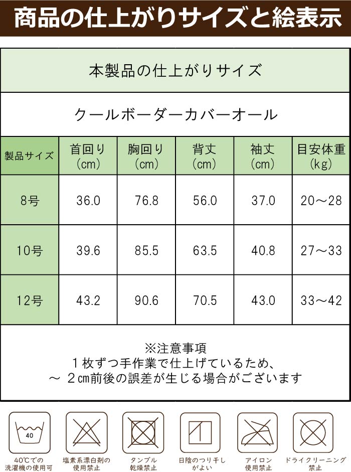 製品仕上がりサイズ表