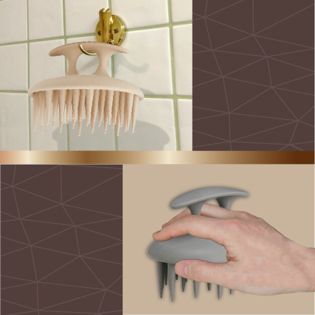 シャンプーブラシSCALP BEAUT　フックかけ＆使用時イメージ