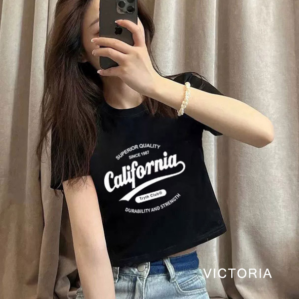 韓国ファッション ロゴプリントTシャツ Y2Kファッション ショート丈