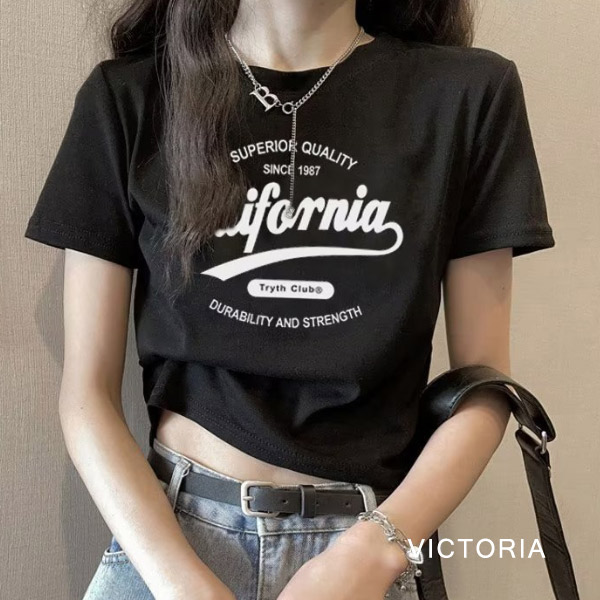韓国ファッション ロゴプリントTシャツ Y2Kファッション ショート丈