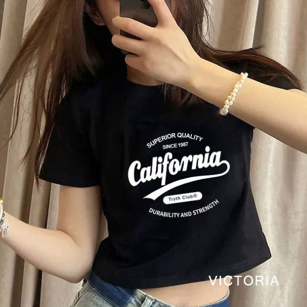 韓国ファッション ロゴプリントTシャツ Y2Kファッション ショート丈