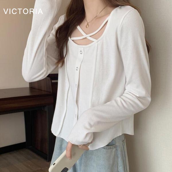長袖 リブTシャツ クロスネック 韓国ファッション トップス レディース