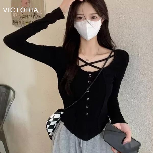 長袖Tシャツ クロスネック トップス レディース カットソー タイト