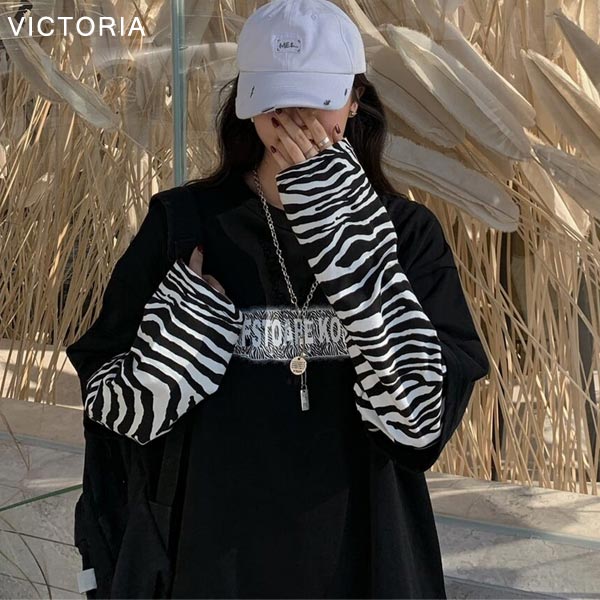 韓国 ゼブラ柄 長袖 ロンT 重ね着風 レイヤード オーバーサイズ オルちゃん ロンT Tシャツ 長袖 レディース 重ね着風 ゼブラ柄 アニマル柄 韓国