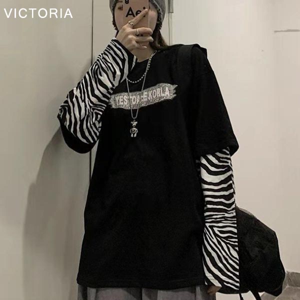 ロンT Tシャツ 長袖 レディース 重ね着風 ゼブラ柄 アニマル柄 韓国 ロンT Tシャツ 長袖 レディース 重ね着風 ゼブラ柄 アニマル柄 韓国