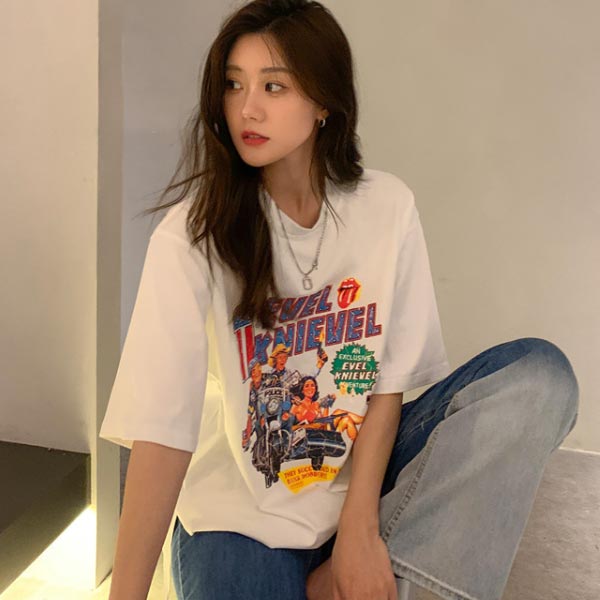 Tシャツ レディース キャラT トップス 半袖 チュニック カジュアル シンプル かわいい イー 白 ホワイト Tシャツ レディース キャラT トップス 半袖 チュニック