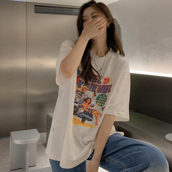 Tシャツ レディース キャラT トップス 半袖 チュニック カジュアル シンプル かわいい イー 白 ホワイト Tシャツ レディース キャラT トップス 半袖 チュニック