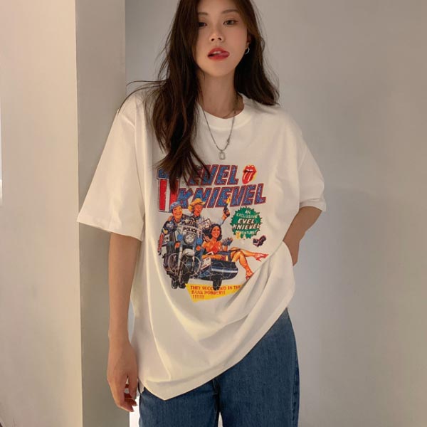 Tシャツ レディース キャラT トップス 半袖 チュニック カジュアル シンプル かわいい イー 白 ホワイト Tシャツ レディース キャラT トップス 半袖 チュニック