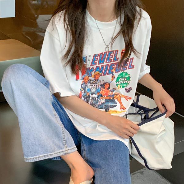 Tシャツ レディース キャラT トップス 半袖 チュニック カジュアル シンプル かわいい イー 白 ホワイト Tシャツ レディース キャラT トップス 半袖 チュニック