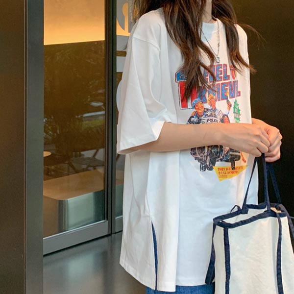 Tシャツ レディース キャラT トップス 半袖 チュニック カジュアル シンプル かわいい イー 白 ホワイト Tシャツ レディース キャラT トップス 半袖 チュニック