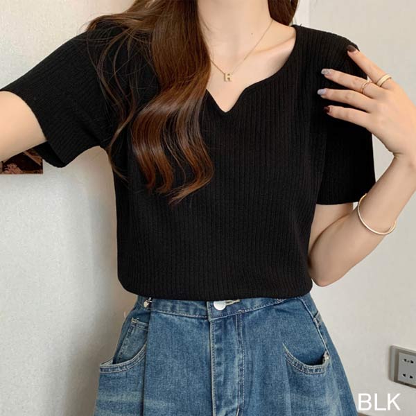半袖 リブニット 小さめ トップス セーター Vネック レディース