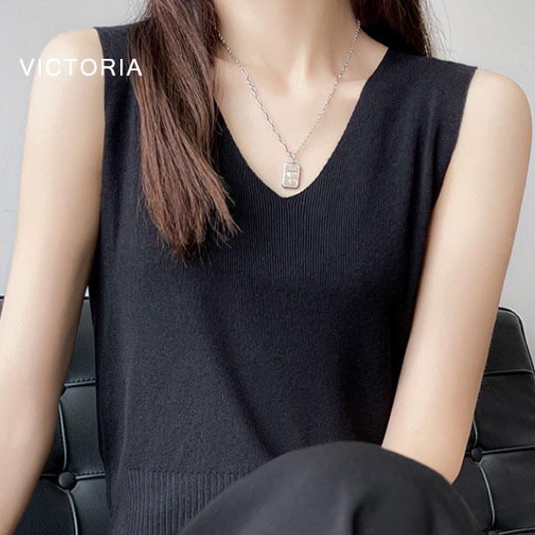 Vネック サマーニット ノースリーブ - デコルテ美人！ 細見え効果