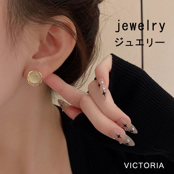 ピアス イヤリング カボション 猫目石風 サークル ゴールド 小ぶり