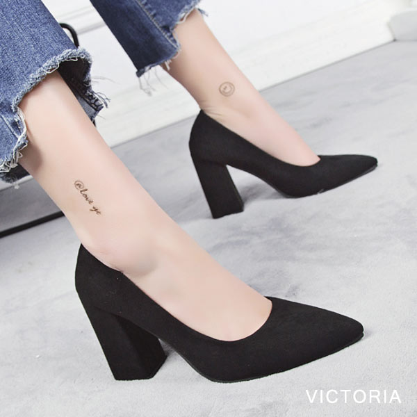 パンプス チャンキーヒール 9cm ヒール ポインテッドトゥ ハイヒール