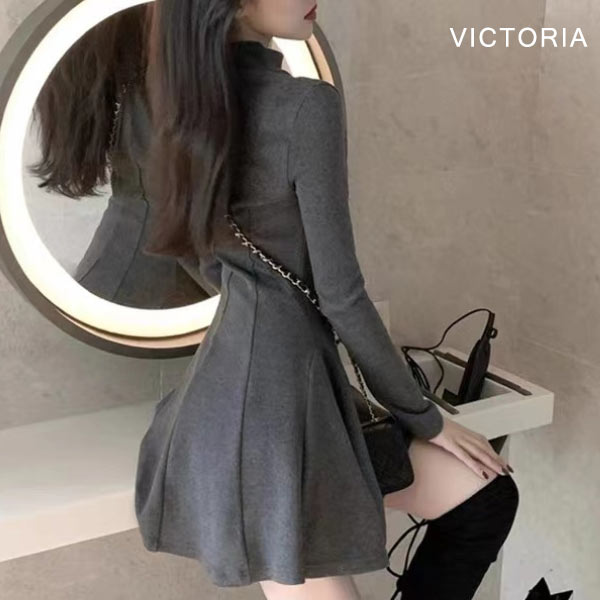 ワンピース レディース 長袖 ハイネック ミニ丈 Aライン フレア タイト