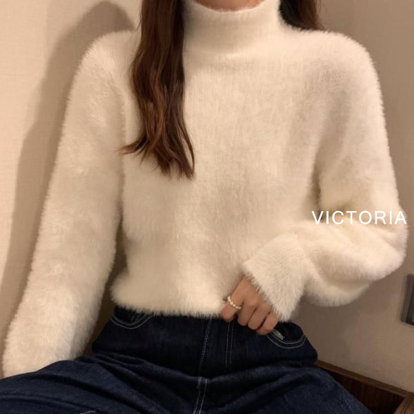 ニット レディース モヘア風 ハイネック セーター 長袖 シャギーニット