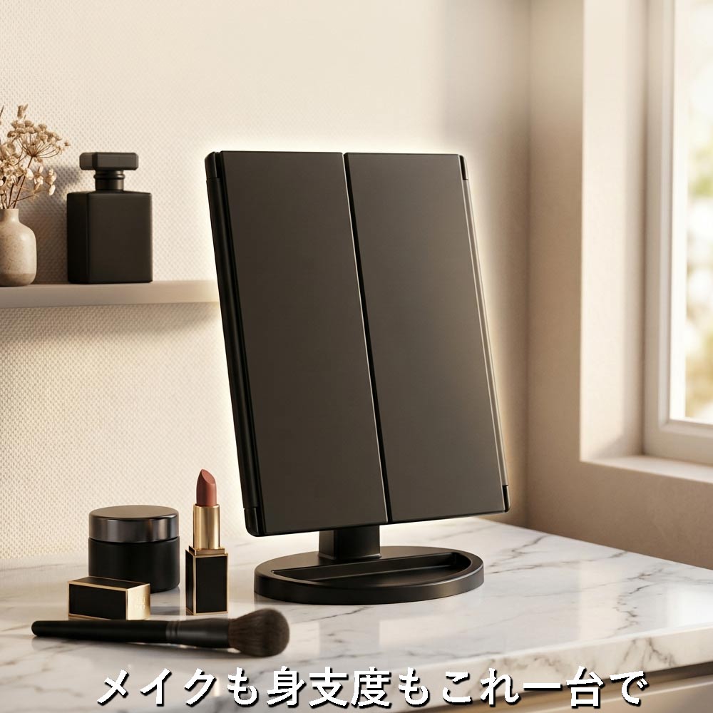 三面鏡 LED 卓上ミラー 折りたたみ 拡大鏡2倍3倍 USB充電/乾電池 化粧
