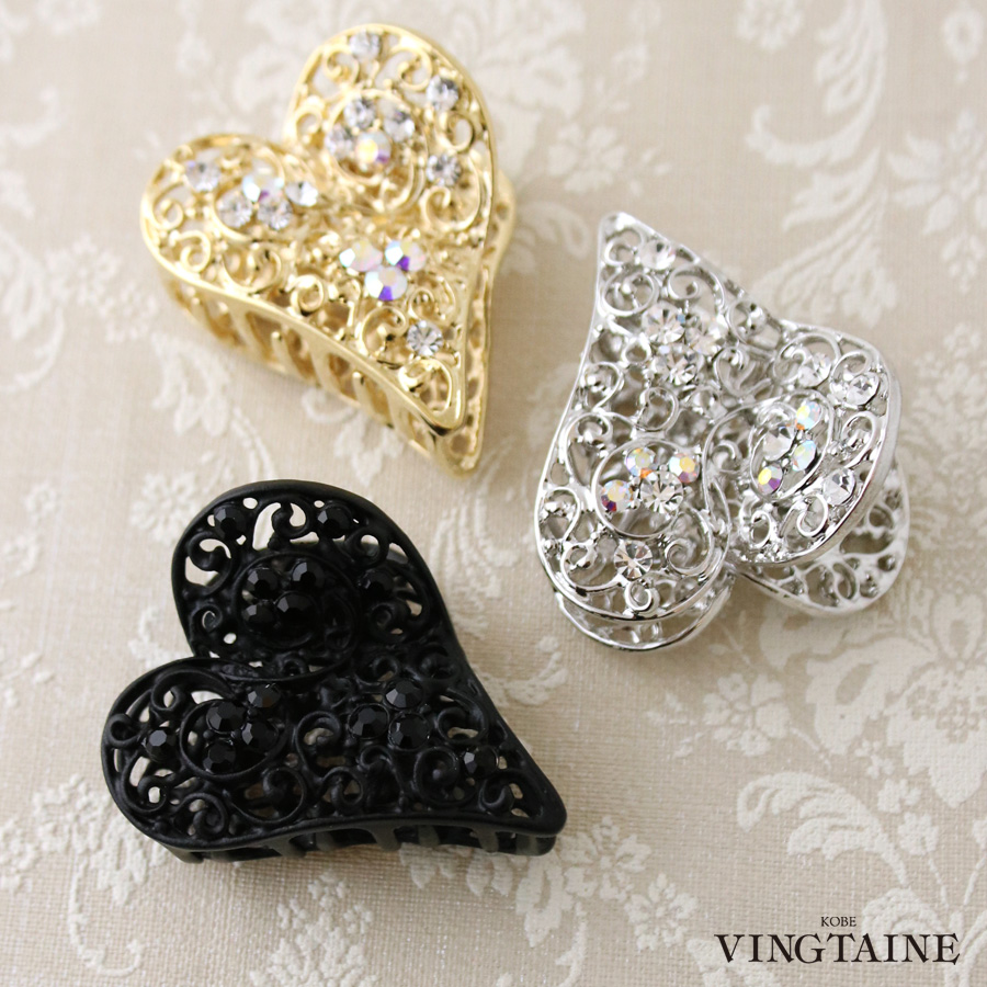 ビジュー付きメタルハート型バンスクリップ