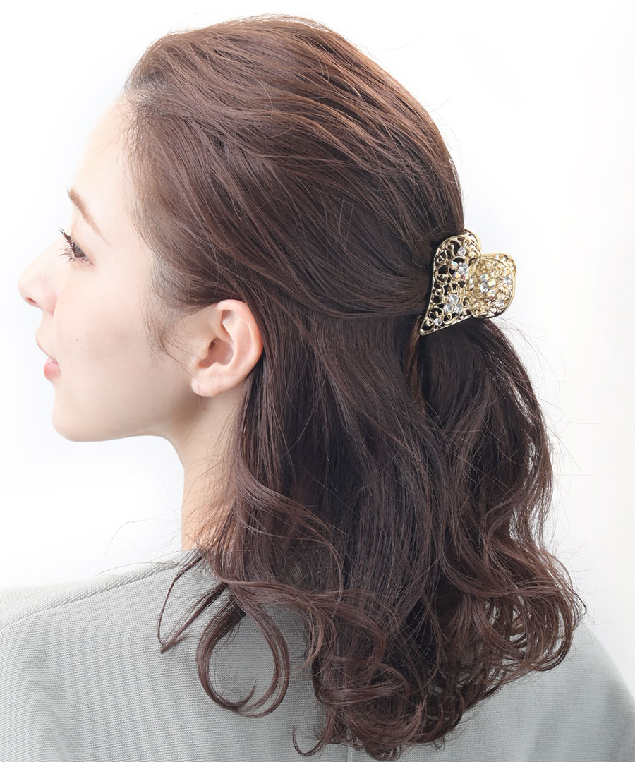 ビジュー付きメタルハート型バンスクリップ