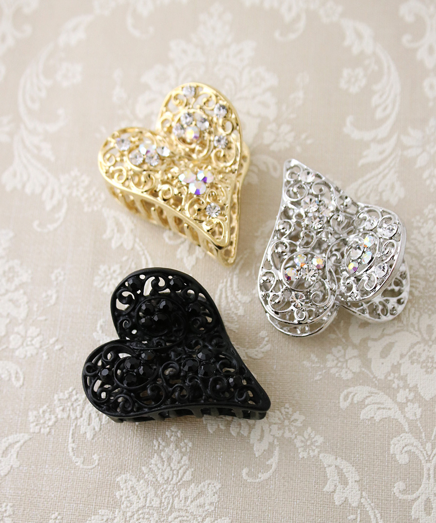 ビジュー付きメタルハート型バンスクリップ