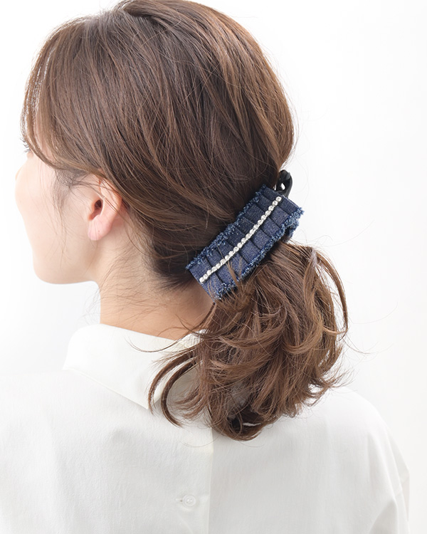 バナナクリップ デニム　フリンジ　ビジュー　フリル　ヘアアクセサリーH-792 アクセサリーSHOP レディース かわいい 大人っぽい