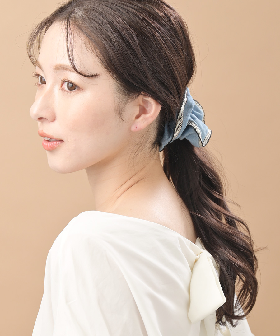 【デニム生地が可愛い】CHANEL シュシュ ヴァンテーヌ シュシュ デニム風 パイピング ダンガリー