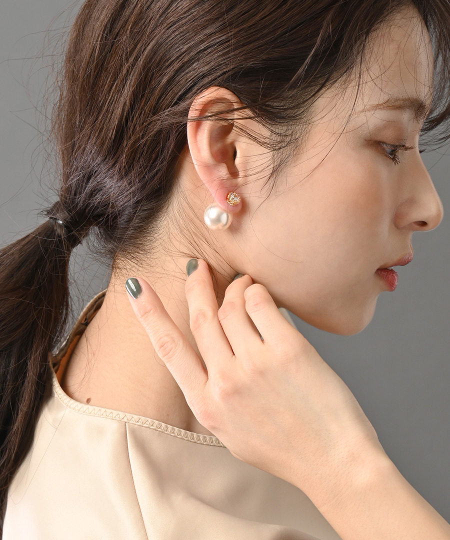 キュービックジルコニア一粒ストーンパールキャッチピアス