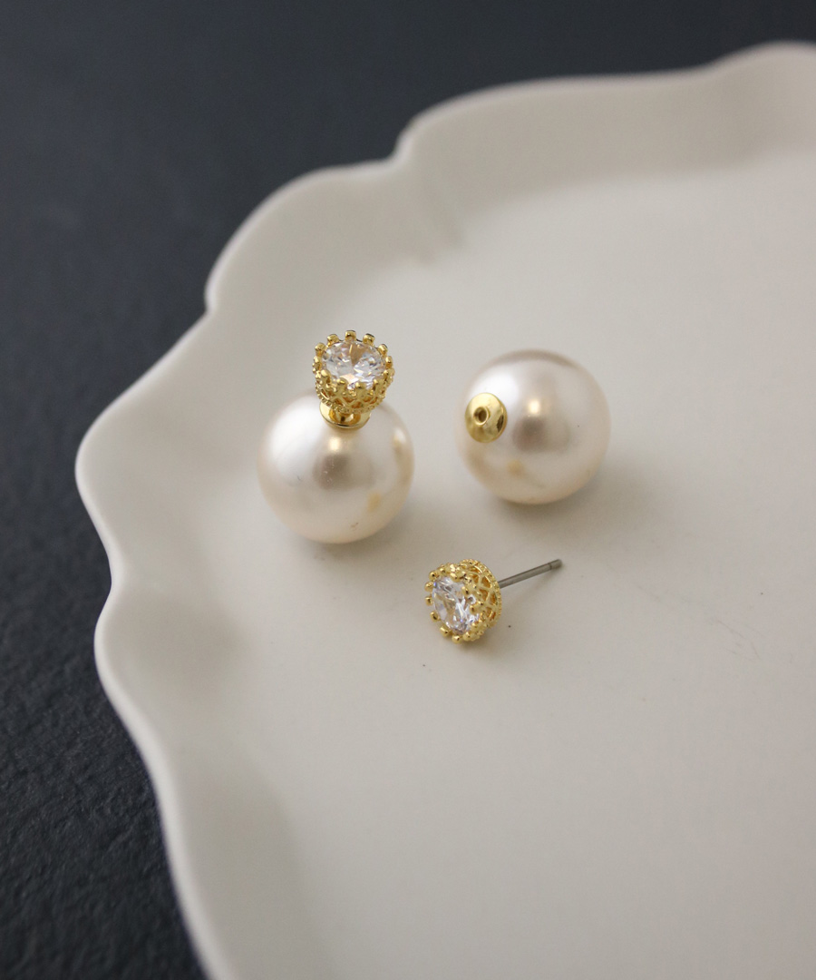 キュービックジルコニア一粒ストーンパールキャッチピアス