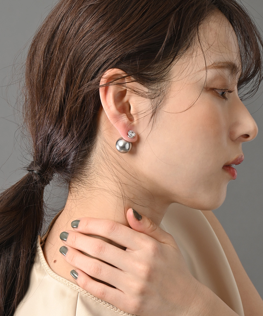 キュービックジルコニア一粒ストーンパールキャッチピアス