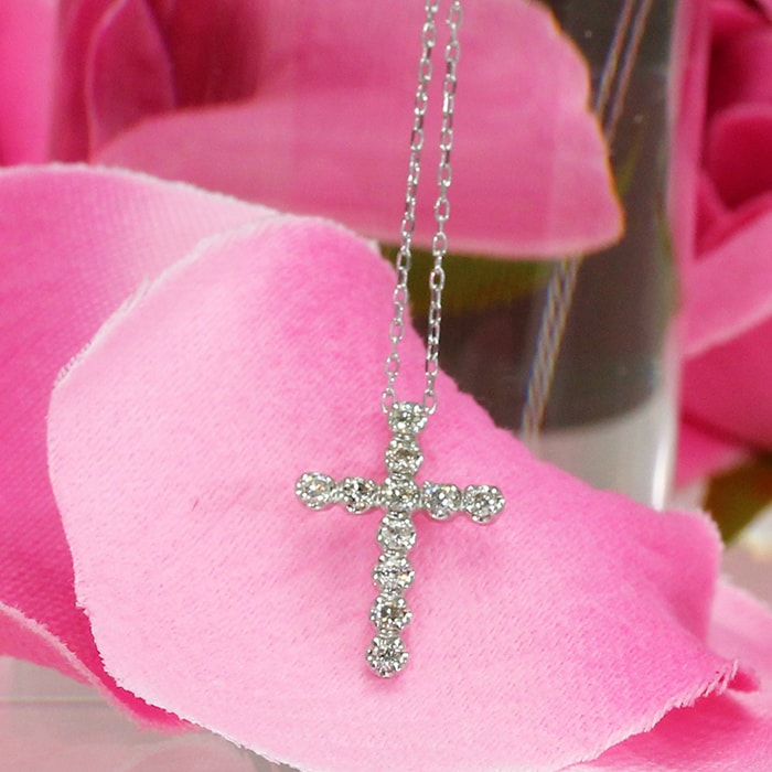 天然ダイヤモンド 計0.10ct クロス ペンダント ネックレス K18 WG ホワイトゴールドレディース