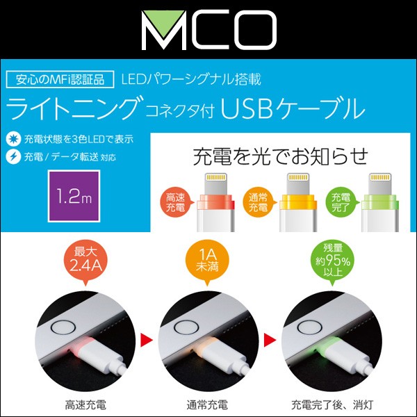 ミヨシ LEDパワーシグナル搭載 ライトニングコネクタ付USBケーブル(1.2