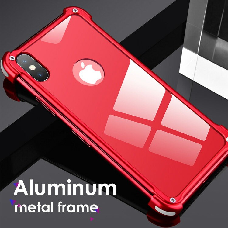 「ポイント」Apple iPhone X XS アルミフレーム ケース 4コーナーガード かっこいい アイフォン CASE 背面強化ガラス｜visos-store