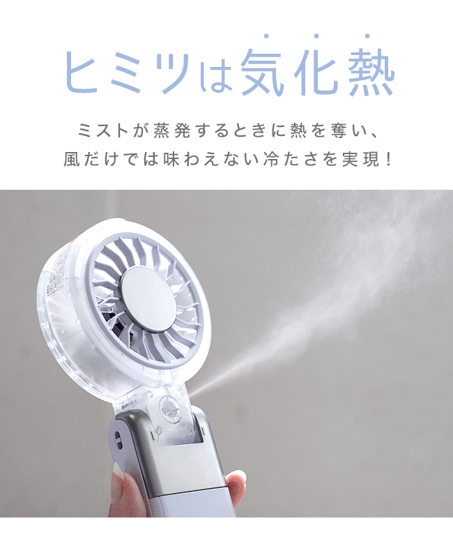 ハンディファン,扇風機,ミストファン,霧,冷たい,涼しい,気化熱,冷風,冷風機,冷却,小型,卓上,手持ち,コンパクト,おしゃれ,角度調節