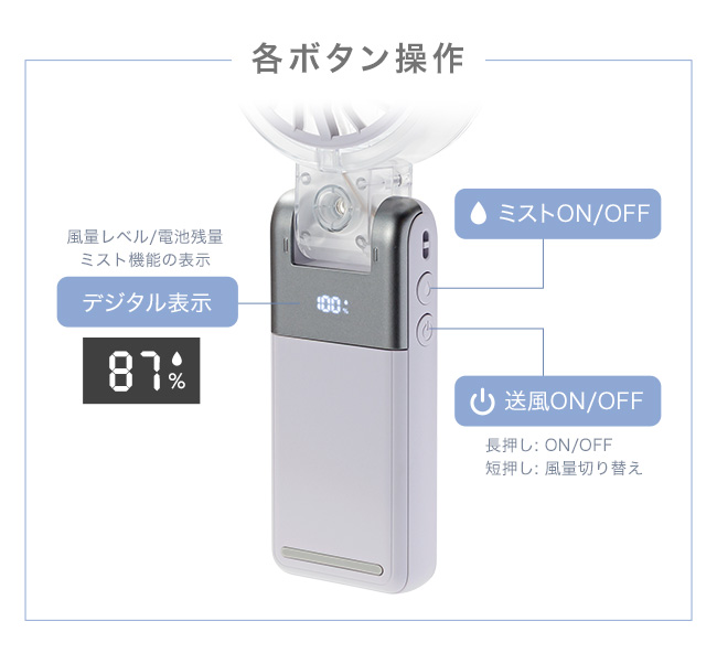 ハンディファン,扇風機,ミストファン,霧,冷たい,涼しい,気化熱,冷風,冷風機,冷却,小型,卓上,手持ち,コンパクト,おしゃれ,角度調節