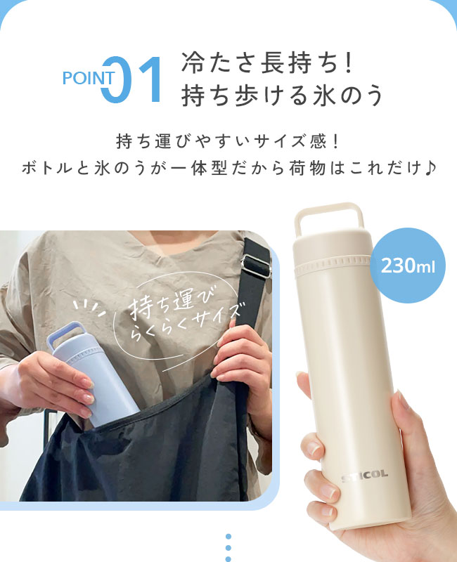 STICOL,スティコル,2in1ボトル,冷やせる,飲める,アイスバッグ,氷のう,氷嚢,アイシング,ネッククーラー,ステンレスボトル,長持ち,ひんやりグッズ,冷却グッズ,暑さ対策,