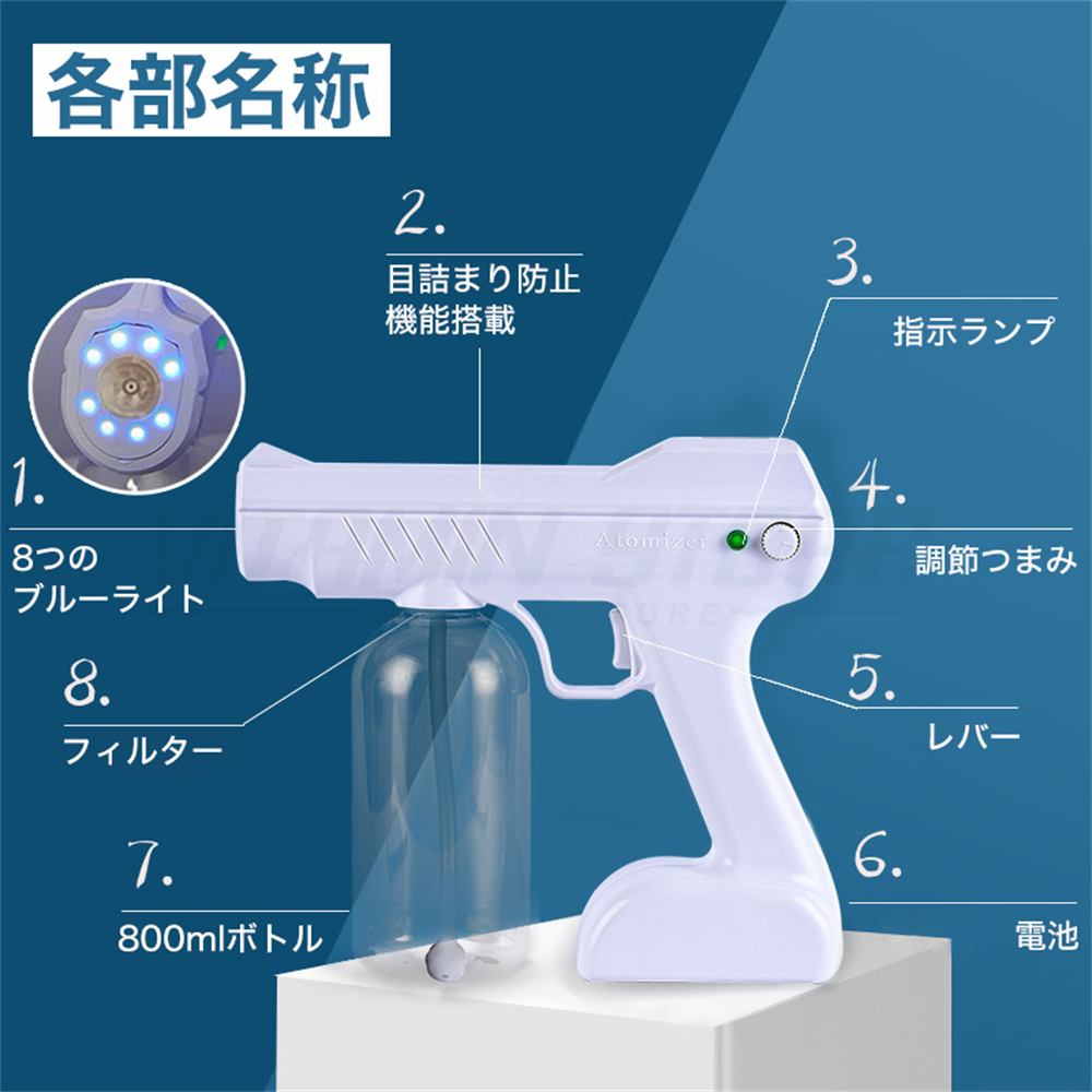 アルコール消毒噴霧器 アルコールスプレー 噴霧ガン 手持ち式 ブルーライト USB充電 電動 消毒 スプレーガン消毒噴霧器 自動消毒液噴霧器 次亜塩素酸水｜vitamin-store｜08