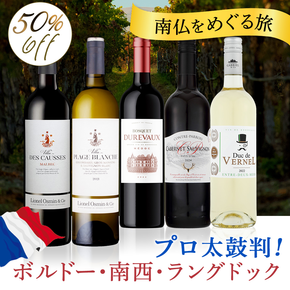 ワインセット 赤白 5本セット フランス ボルドー 金賞入り 辛口 750ml