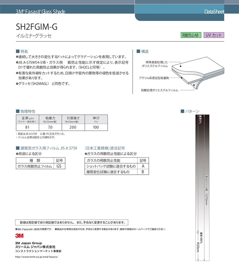 ガラスフィルム 3M ファサラ SH2FGIM-G イルミナ・グラッセ 1270mm幅