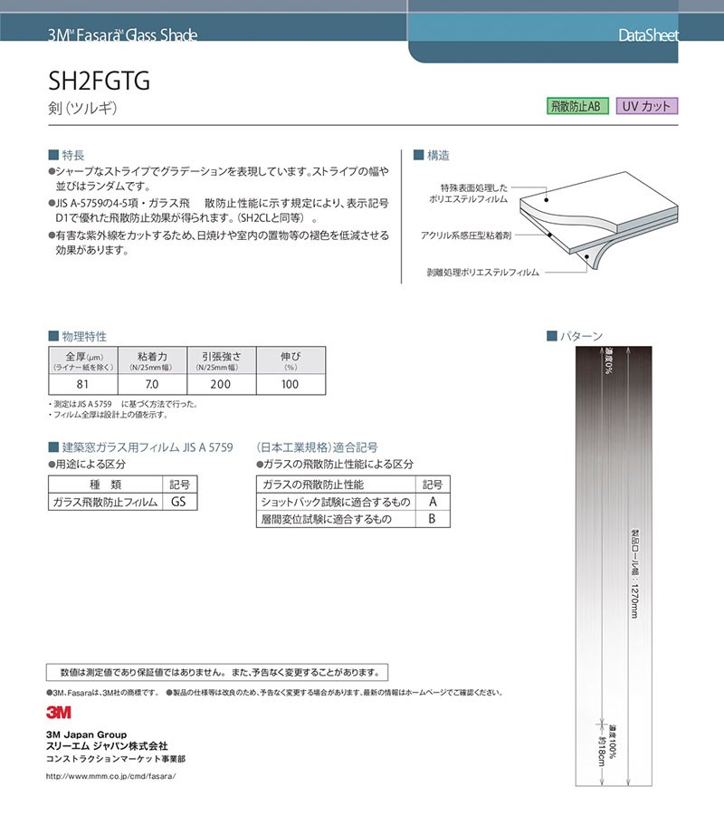 ガラスフィルム 3M ファサラ SH2FGTG ツルギ 1270mm幅 : sh2fgtg