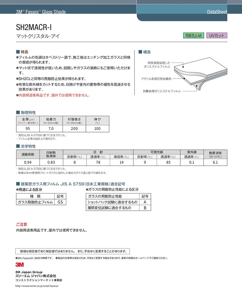 ガラスフィルム 3M ファサラ SH2MACR-I マットクリスタル・アイ 1270mm