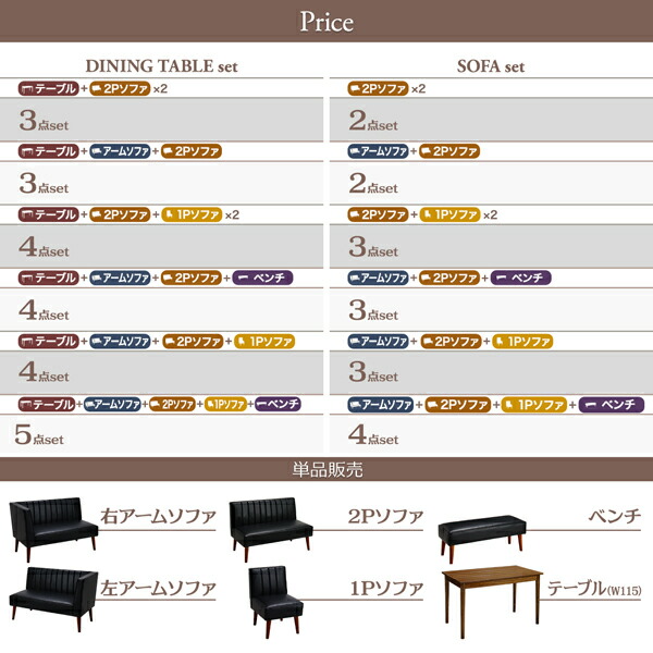 ダイニングテーブルセット 6人用 5点セット (テーブルW115＋左アームソファ＋2P＋1P＋ベンチ) ダイニングソファー PVCレザー 北欧 モダン コーナーソファ｜vivamaria｜15