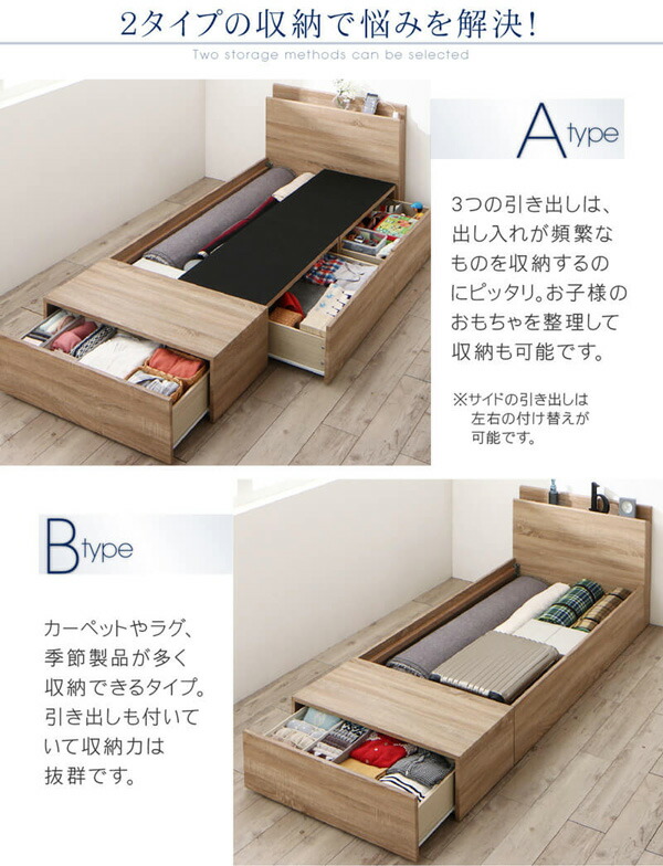 日本語版公式通販サイト ベッド 連結 収納ベッド ベッドフレーム マットレス付き 収納 コンセント付き ファミリー ウォールナット スタンダードボンネル付き シングル Aタイプ