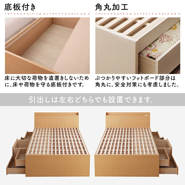 ショート丈ベッド シングル マットレス付き 日本製 収納ベッド すのこベッド 棚 コンセント 引出し2杯付き 薄型スタンダードポケットコイルマットレス付き｜vivamaria｜16