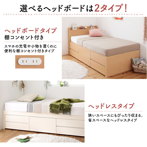 ショート丈ベッド シングル マットレス付き 日本製 収納ベッド すのこベッド 棚 コンセント 引出し2杯付き 薄型スタンダードポケットコイルマットレス付き｜vivamaria｜18