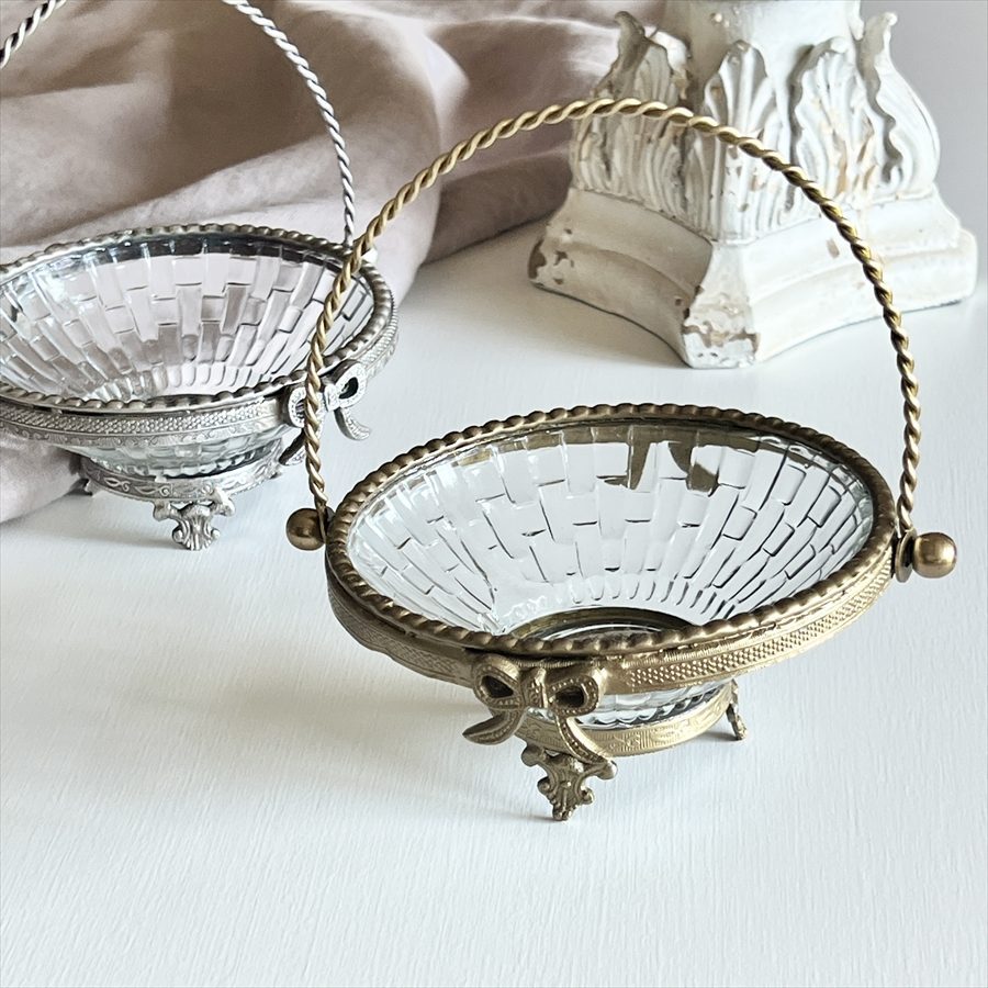 バスケット（取手付き）真鍮×ガラス ゴールド シルバー 小物入れ